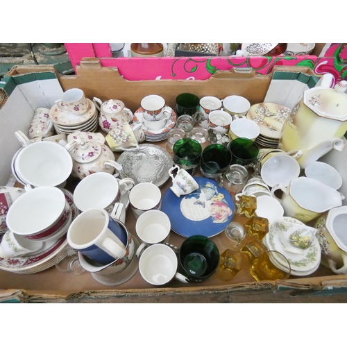 451 - Two large boxes containing ornamental plates, clowns, teapots, four mini part coffee sets etc