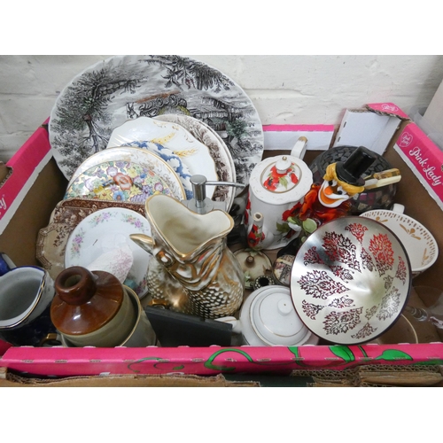 451 - Two large boxes containing ornamental plates, clowns, teapots, four mini part coffee sets etc