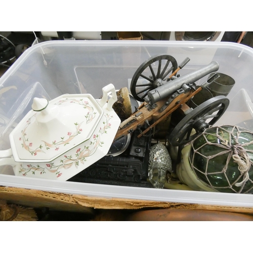 368 - Glass ware, china, clocks, cannons, clowns, animal figures etc within two boxes