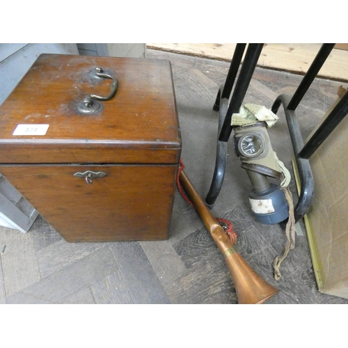 378 - A square mahogany box, copper hunting horn and an old gas mask