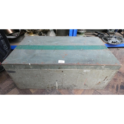 421 - A large old wooden tool box containing planes and other tools etc