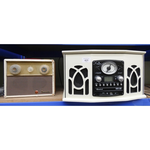 431 - An Auna radio tape record player in cream coloured casing and an old Pye radio