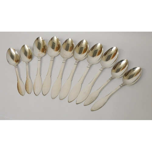 661 - Danish silver - set of six Art Deco hammered finish table spoons and four dessert spoons, three towe... 