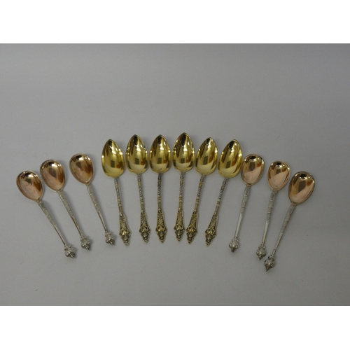 670 - Austro Hungarian silver gilt set of 6 tea spoons and another  set of continental white metal and par... 