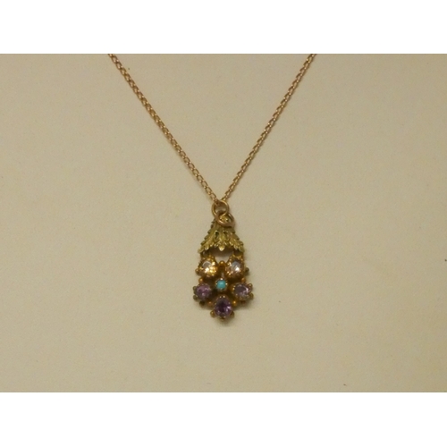 528 - Small antique amethyst and turquoise flower head cluster pendant in yellow metal closed back setting... 