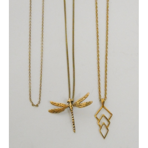 530 - 9ct gold dragonfly pendant and a geometric design pendant on 9ct gold chain, and another fine gold c... 