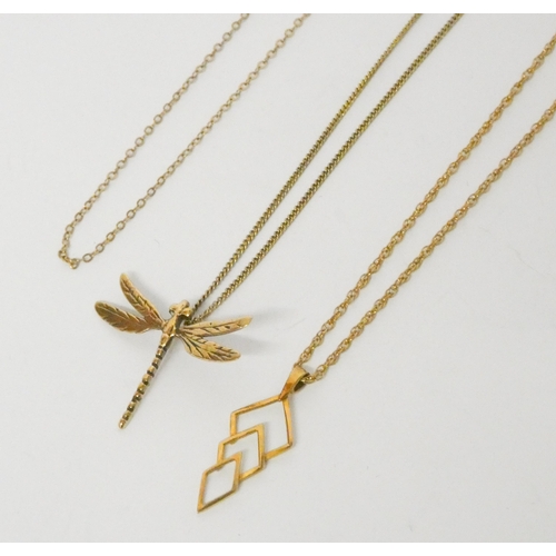 530 - 9ct gold dragonfly pendant and a geometric design pendant on 9ct gold chain, and another fine gold c... 