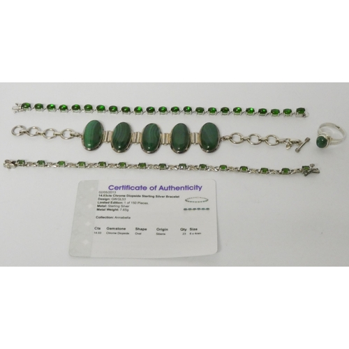 561 - Two chrome diopside silver bracelets, a malachite panel bracelet and a silver and malachite dress ri... 