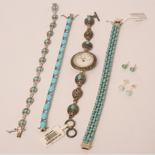 586 - A collection of turquoise set jewellery to include dress watch , three bracelets and earrings etc.