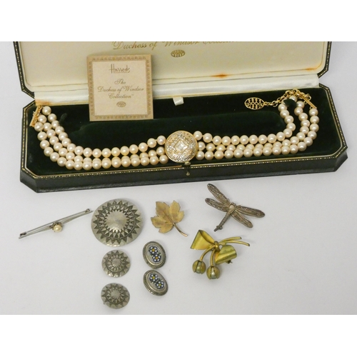 598 - Harrods- Duchess of Windsor collection faux pearl choker in box, Casimir pewter brooch and ear clips... 