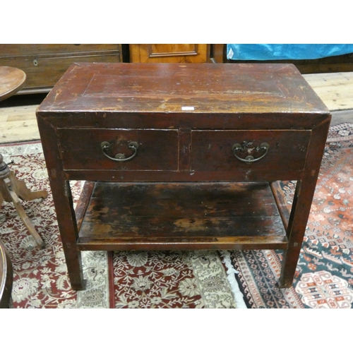 318 - A Chinese vintage two tier hall or serving table fitted two drawers with brass fall handles, 37