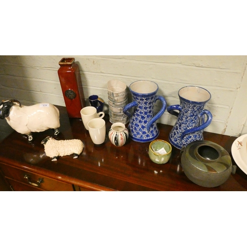 A David Sharp Rye pottery sheep money box, pieces of studio pottery and ...