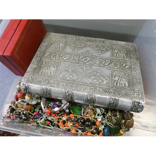 280 - An elephant decorated book style canter lever jewellery box and a large quantity of assorted costume... 