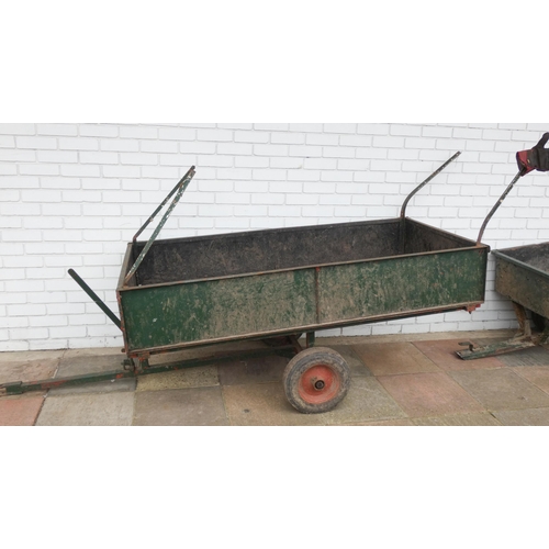 461 - A metal tipping garden trailer for use behind small tractor or ride on mower, 3' wide and 6' long be... 