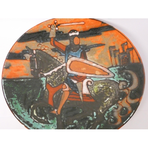 290 - Poole Pottery - 1960's Studio charger decorated with a Medieval Knight on horseback, artist mark for... 