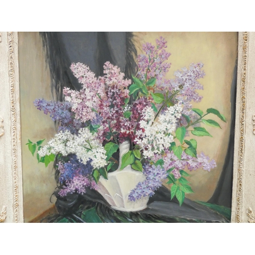 354 - Alix Jennings (British 1884-1980), Lilacs -  a floral still life, oil on board, signed, image size a... 