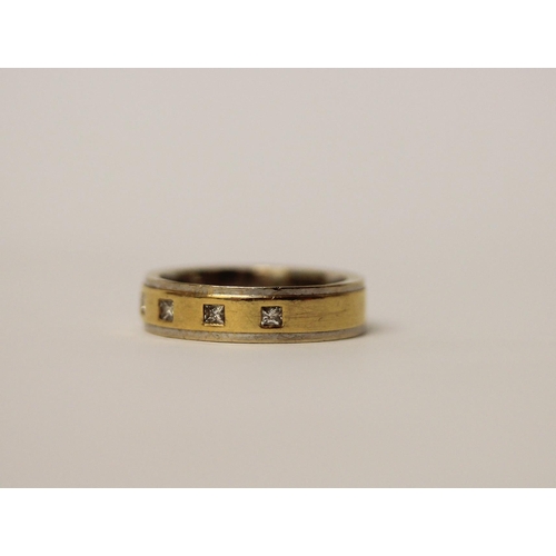 502 - 18ct bi-colour gold wedding band or eternity ring, set with five diamonds, hallmarked, ring size J/K... 