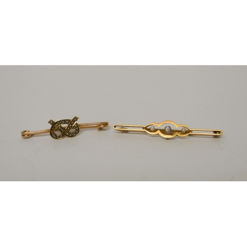 503 - An Edwardian 15ct gold bar brooch set with diamond and pearls and a seed pearl lovers knot brooch