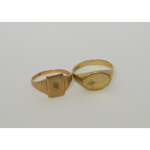 517 - Two gents 9ct gold signet rings, both set with small diamonds, 5.8g, size S & V