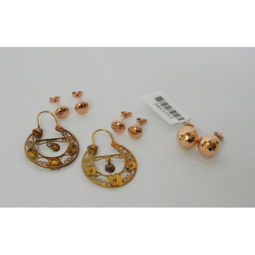 575 - Four pairs on 9ct rose gold pierced earrings, gross weight 5.6g.