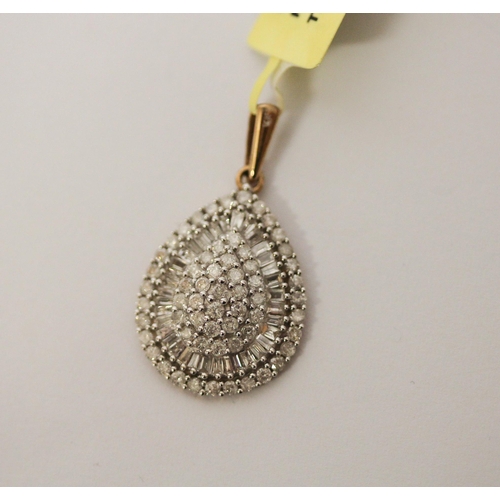 581 - 9ct yellow gold diamond pear shaped pendant, pave set with 1ct of diamonds with SGL certificate.