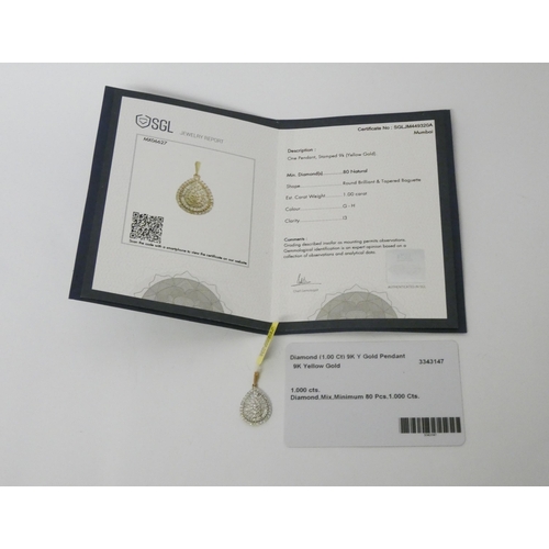 581 - 9ct yellow gold diamond pear shaped pendant, pave set with 1ct of diamonds with SGL certificate.