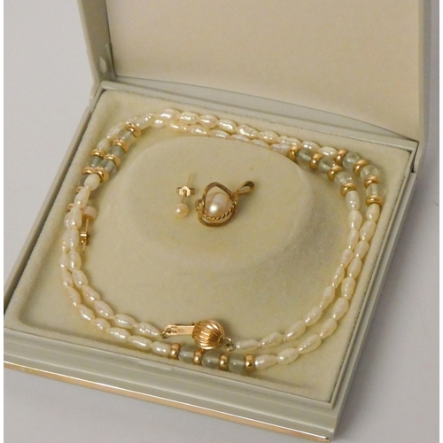 611 - A rice pearl and aquamarine bead necklace with hallmarked 9ct gold bead clasp, a pair of small pearl... 