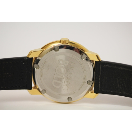 621 - Movado Bold gold plated 43mm dial dress watch, stainless steel case, and black leather strap