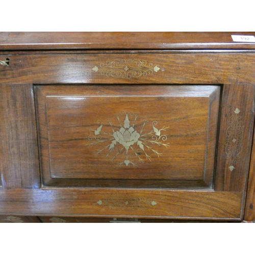 192 - A Chinese brass inlaid hardwood bureau with six drawers under standing on cabriole legged stand, 37