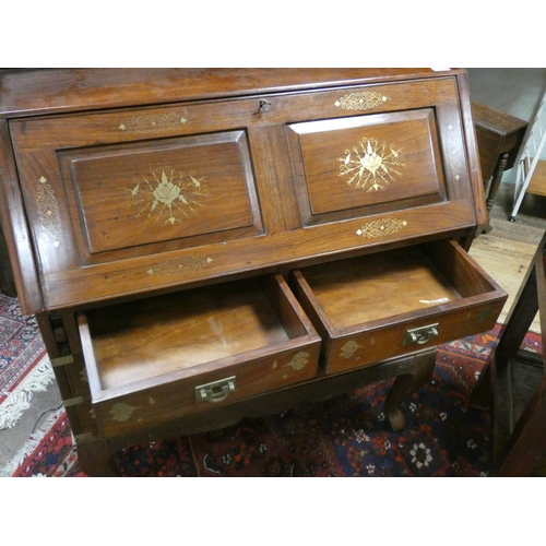 192 - A Chinese brass inlaid hardwood bureau with six drawers under standing on cabriole legged stand, 37