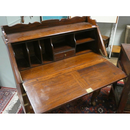 192 - A Chinese brass inlaid hardwood bureau with six drawers under standing on cabriole legged stand, 37