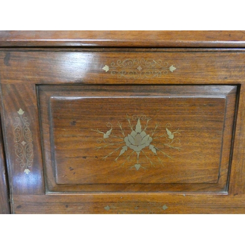 192 - A Chinese brass inlaid hardwood bureau with six drawers under standing on cabriole legged stand, 37