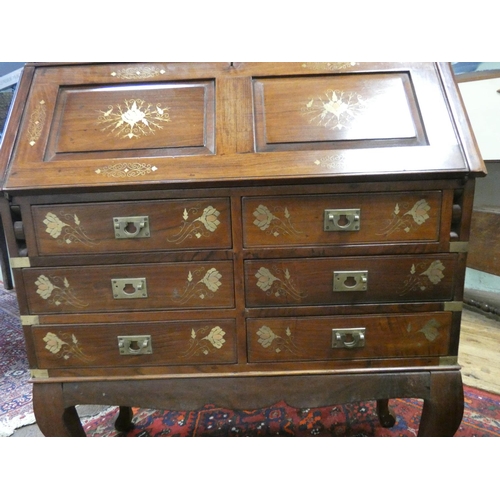 192 - A Chinese brass inlaid hardwood bureau with six drawers under standing on cabriole legged stand, 37