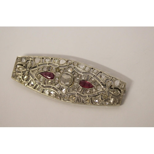 602 - A French platinum ruby and diamond large Art Deco style plaque brooch, with rose cut diamonds, eagle... 