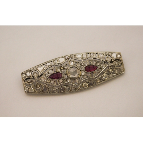 602 - A French platinum ruby and diamond large Art Deco style plaque brooch, with rose cut diamonds, eagle... 