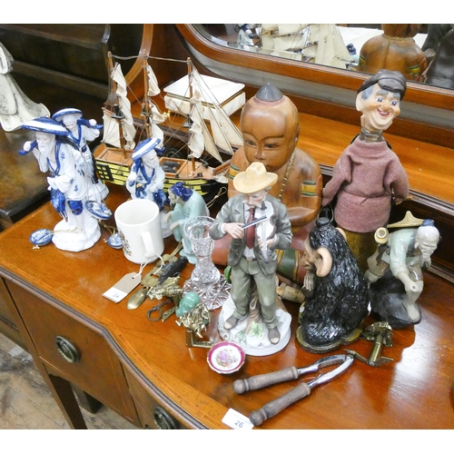 24 - Model galleon, wooden Buddha, assorted Japanese and other figures, cigarette box and ornamental item... 