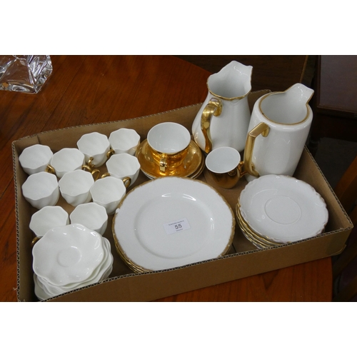 55 - Gilt bordered coffee service, similar jugs, tea plates etc