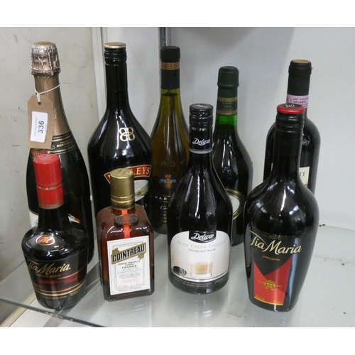 336 - A bottle of Bouvet Brut, small bottle of Cointreau, a large and small bottle of Tia Maria, large bot... 