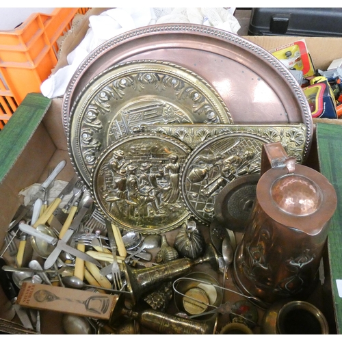 350 - A large box of brass, brass trays, copper jug cutlery etc