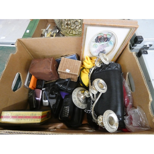 351 - A box containing old mobile phones, handbag, T-shirts etc