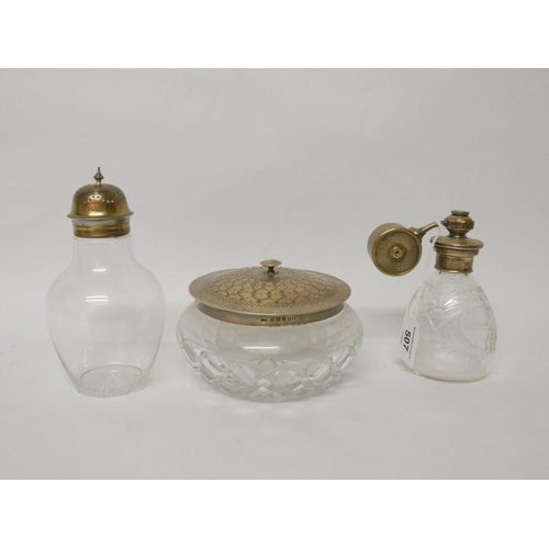 507 - A cut glass and silver plated mounted powder bowl, silver topped atomiser scent bottle and a silver ... 