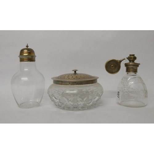 507 - A cut glass and silver plated mounted powder bowl, silver topped atomiser scent bottle and a silver ... 