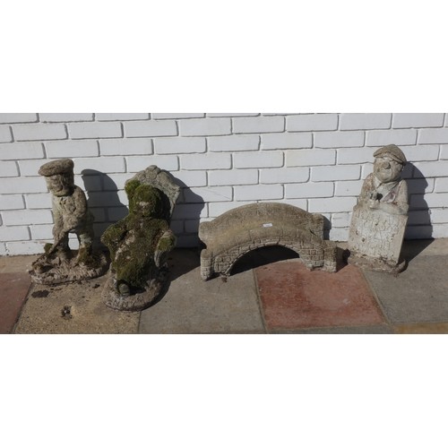 430 - Three reconstituted stone garden figures and a small bridge ornament