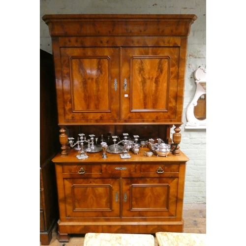 150 - A 19th century French chestnut buffet cabinet with cabinet and shelves over, three drawers and cupbo... 