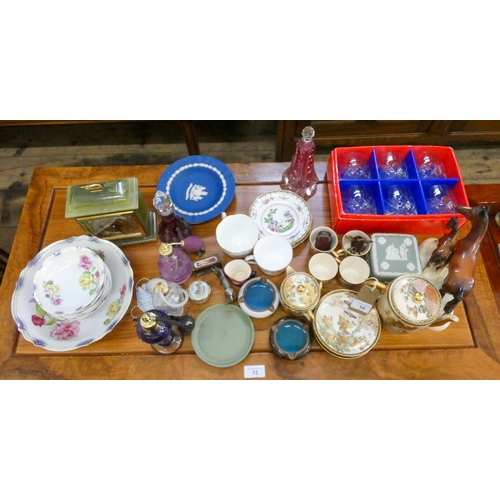 14 - A part satsuma coffee service, six whisky glasses, perfume sprays, onyx clock, fruit set, horse orna... 