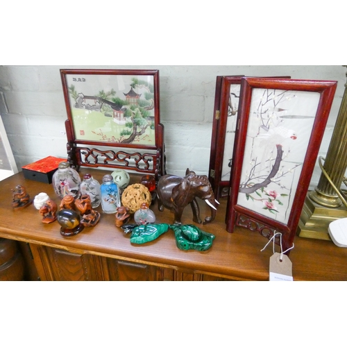 20 - Two Japanese table screens, various perfume bottles and Netsukes, elephant etc