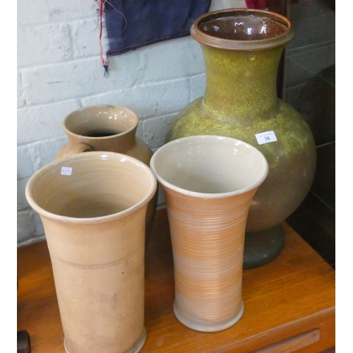 36 - A pair of large pottery vases, one very large pottery vase and a jug