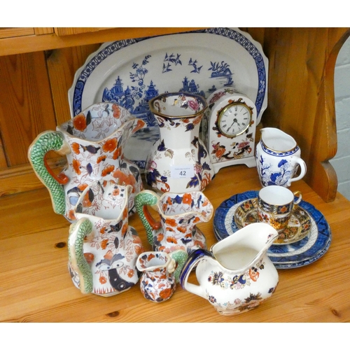 42 - Various Mason's ironstone water jugs, vase, clock, blue and white meat plate, two others and a Derby... 