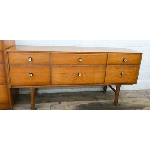 5 - A modern teak long low sideboard style chest of six drawers and a matching tallboy chest of five dra... 