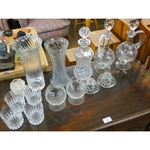 53 - Two glass claret jugs , decanter, vases, four Waterford tumbler glasses and candlesticks etc